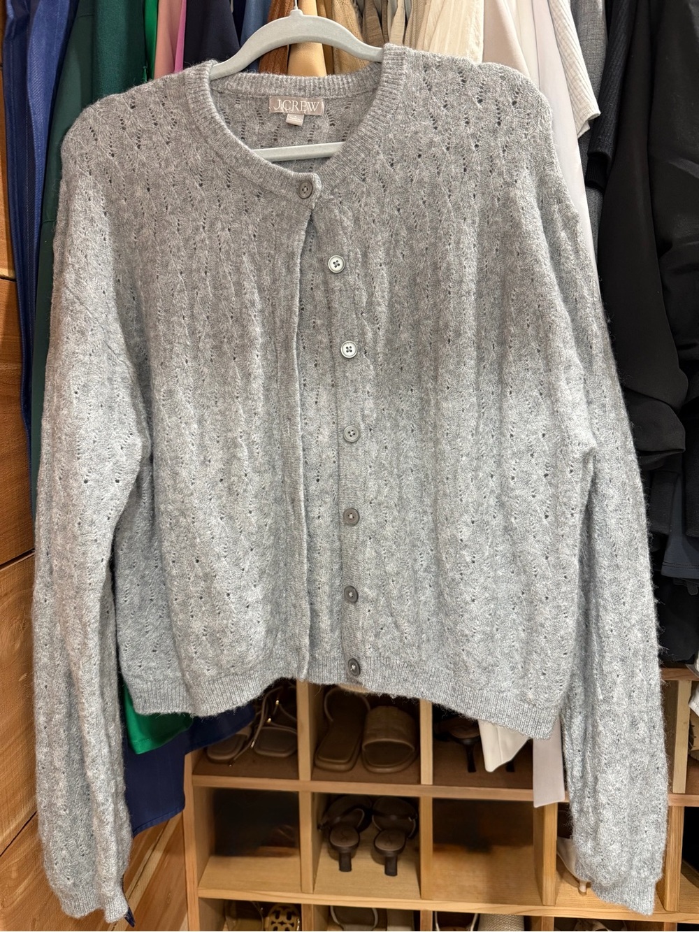J. Crew Light Gray Button-Front Eyelet Knit Cardigan